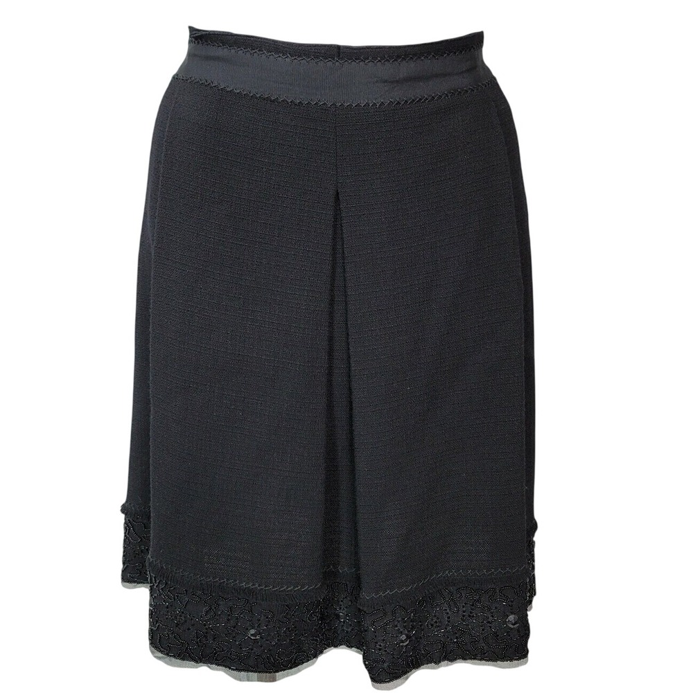 Elie Tahari Black Virgin Wool Beaded Hem‎ Pleated Skirt Size 14 EROEJ306